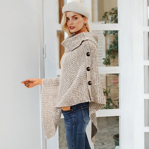 Rouge! Sweaters - Beige Marled Buttoned Asymmetrical Knit Poncho